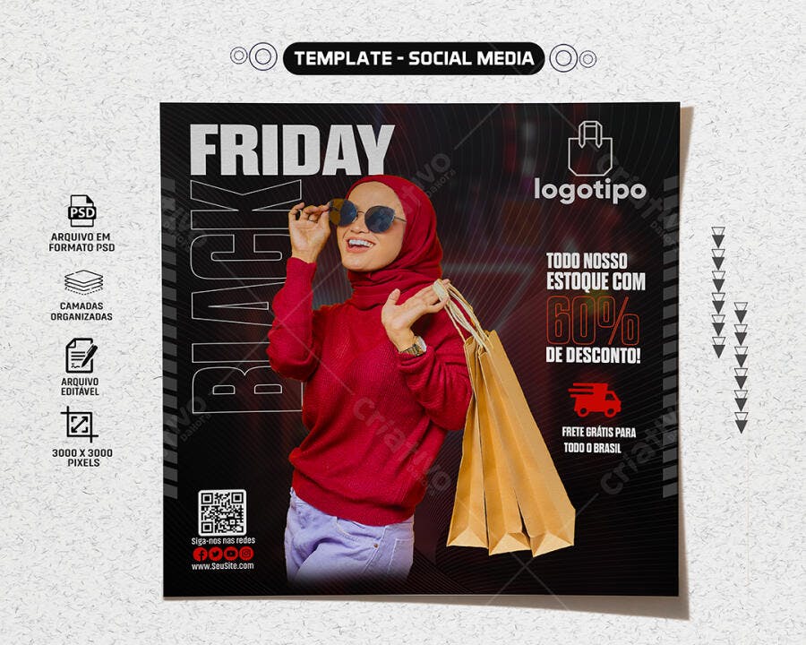 Flyer Black Friday Oferta 60% Desconto Mulher Sacolas Frete Grátis PSD Editável