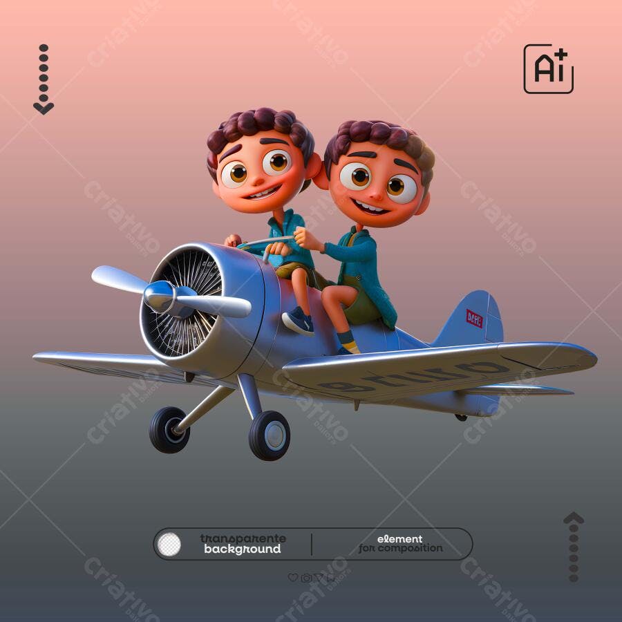 Ilustração 3D Meninos em Avião Aventura Infantil PSD Editável