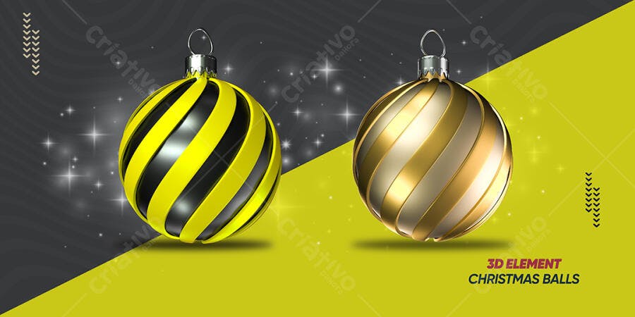 Elemento 3D Bolas de Natal Dourada e Amarela PSD Editável