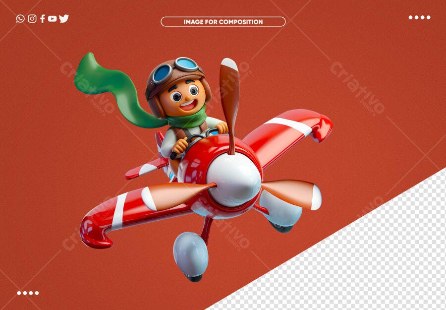 Ilustração 3D Piloto Infantil Avião Vermelho para Aventura PSD Editável