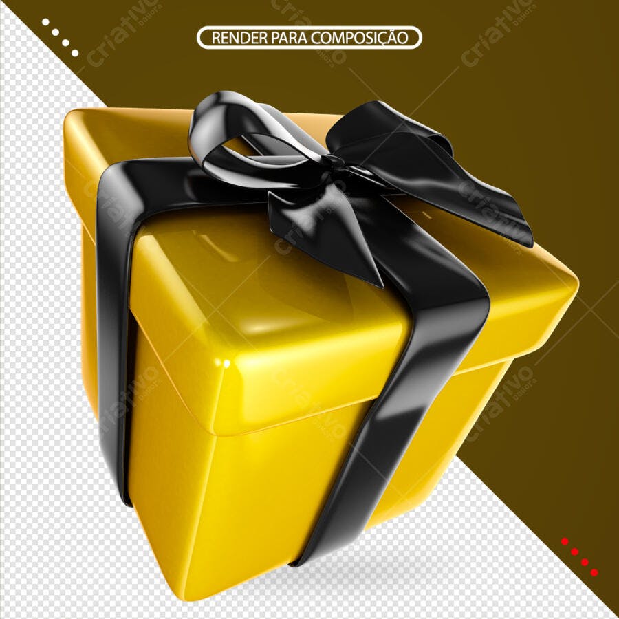 Render 3D Caixa de Presente Amarela com Laço Preto para Promoção PSD Editável