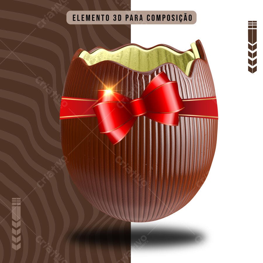 Elemento 3D Ovo de Páscoa Chocolate com Laço Vermelho PSD Editável