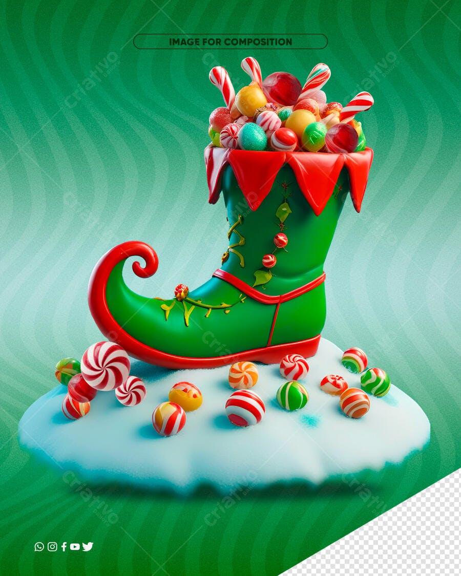 Ilustração Bota de Elfo com Doces para Natal PSD Editável