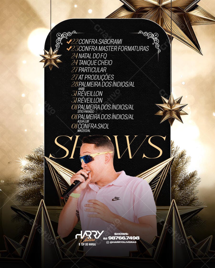 Flyer de Shows e Réveillon com Cantor Ouro e Preto PSD Editável