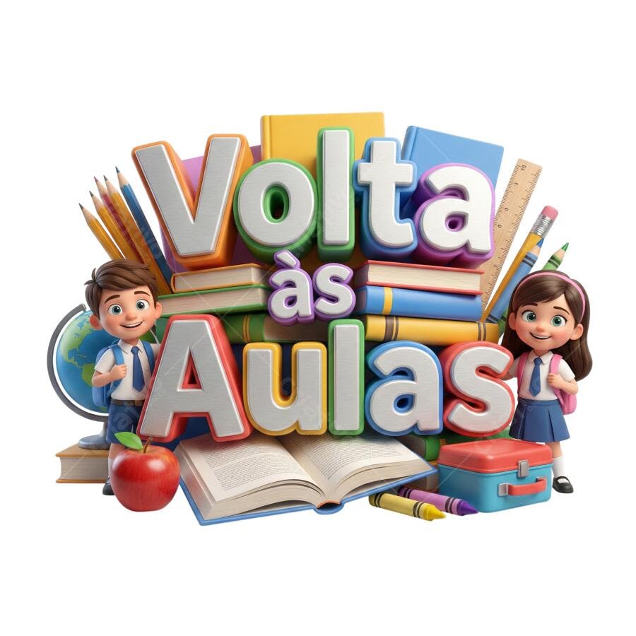 Gráfico 3D Volta às Aulas crianças felizes material escolar colorido PNG com fundo transparente