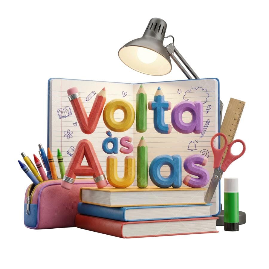 Ilustração 3D Volta às Aulas Material Escolar Lápis Livros Caderno PNG com fundo transparente