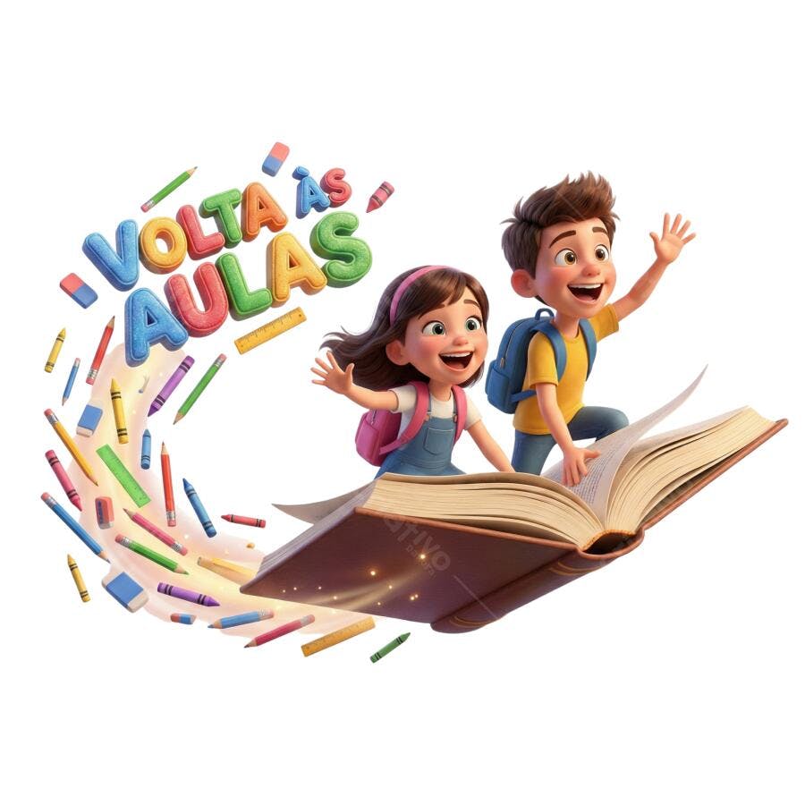 Ilustração Volta às Aulas Crianças Livro Voador Material Escolar PNG com fundo transparente
