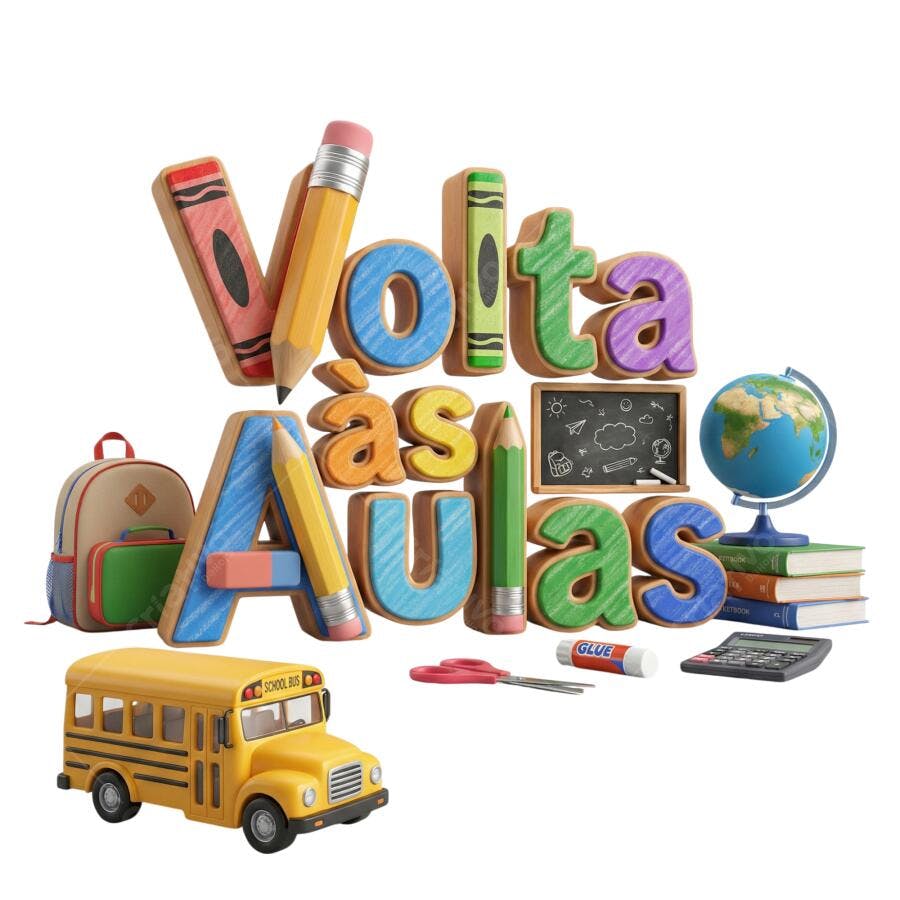 Ilustração 3D Volta às Aulas Colorida com Mochila Ônibus Escolar e Lápis PNG com fundo transparente