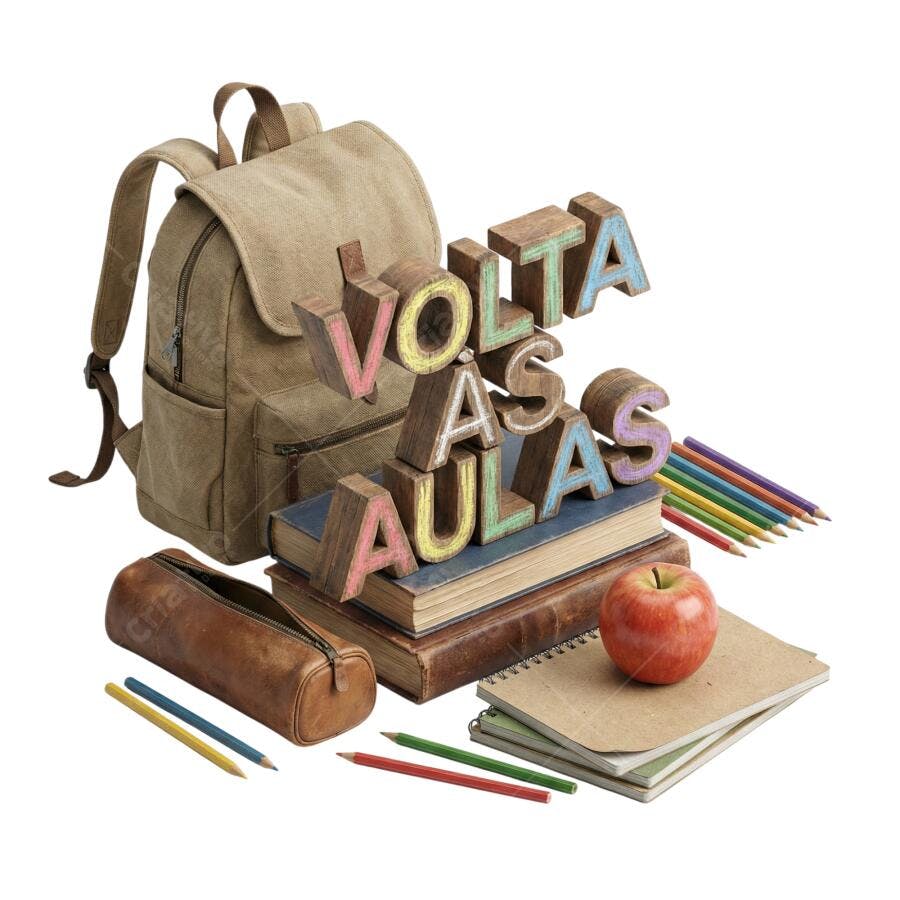 Composição Volta às Aulas mochila livros lápis maçã PNG com fundo transparente