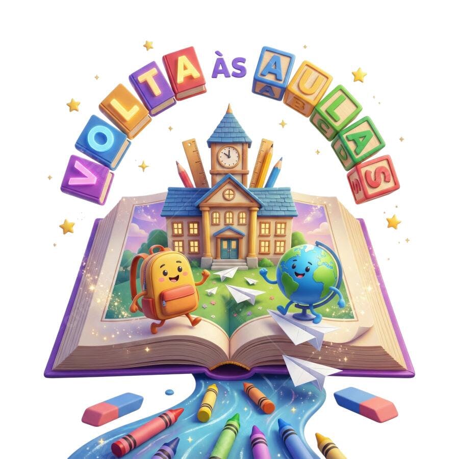 Ilustração Volta às Aulas Escola Livro Mochila e Globo Animados PNG com fundo transparente