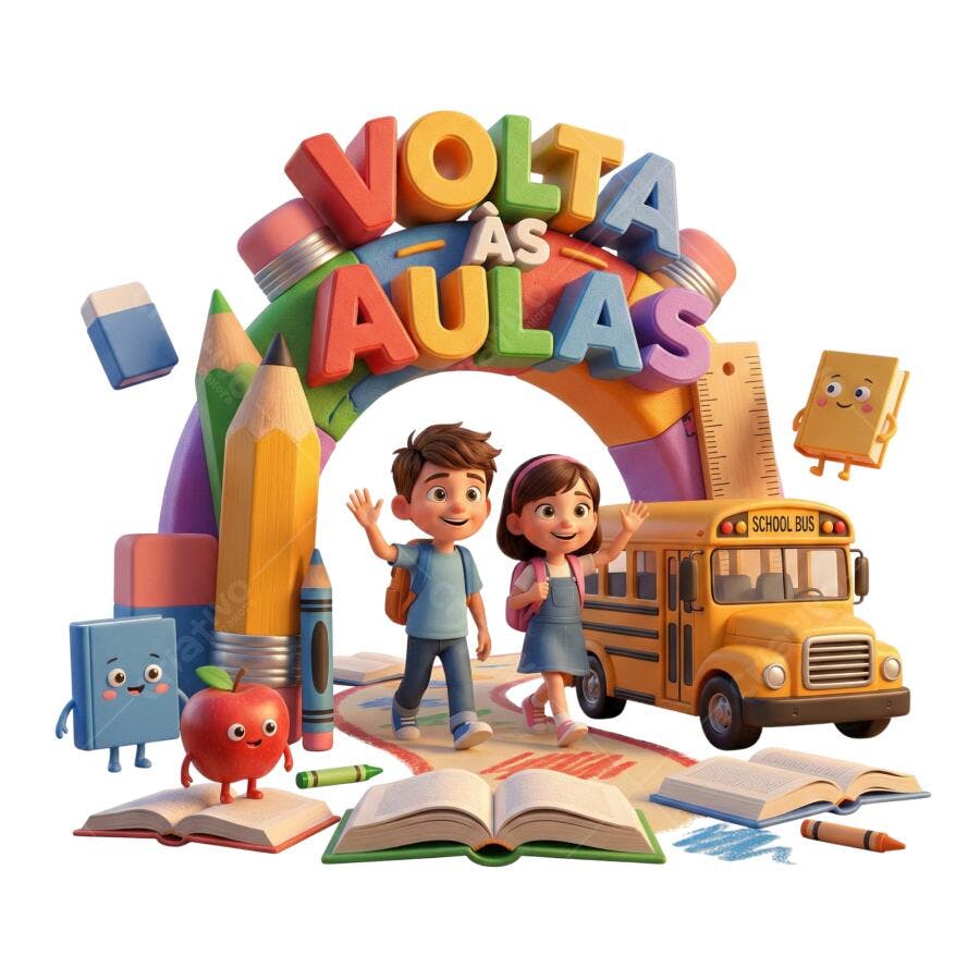 Ilustração Volta às Aulas Crianças Estudantes Ônibus Escolar Colorido PNG com fundo transparente