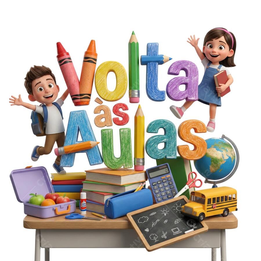 Ilustração 3D Volta às Aulas Crianças Felizes Materiais Escolares PNG com fundo transparente