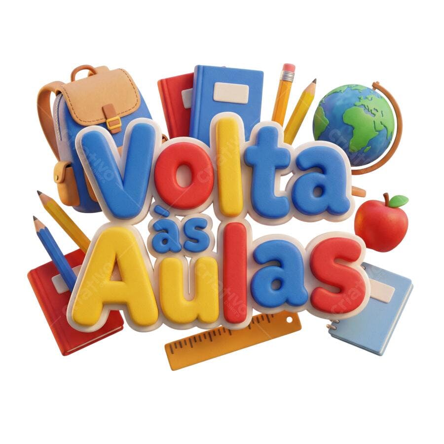 Título 3D Volta às Aulas com Mochila Livros e Maçã PNG com fundo transparente