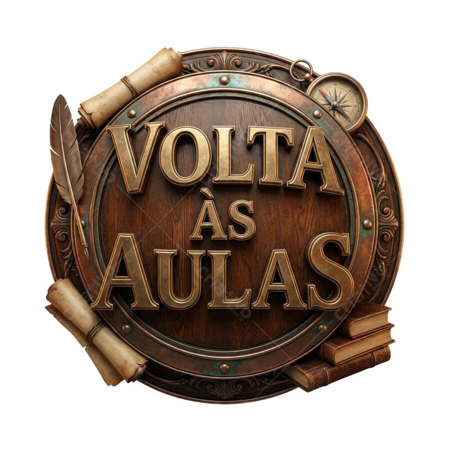 Selo Volta às Aulas vintage com livros bússola e pena PNG com fundo transparente