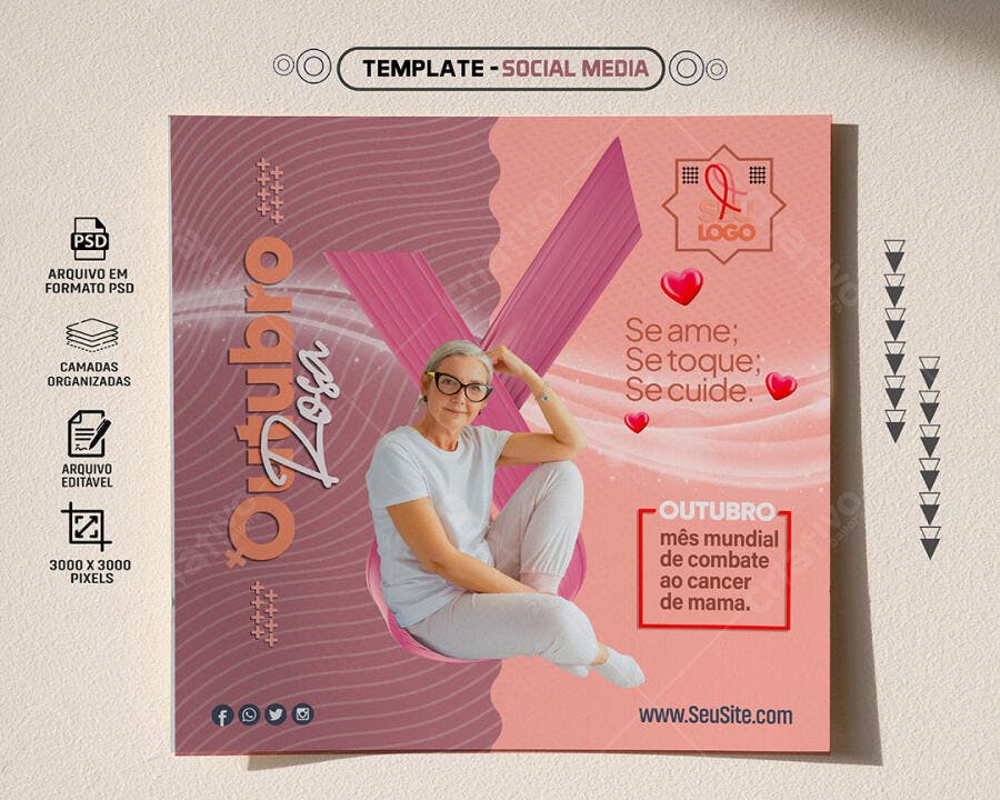 Post Redes Sociais Outubro Rosa Conscientização PSD Editável