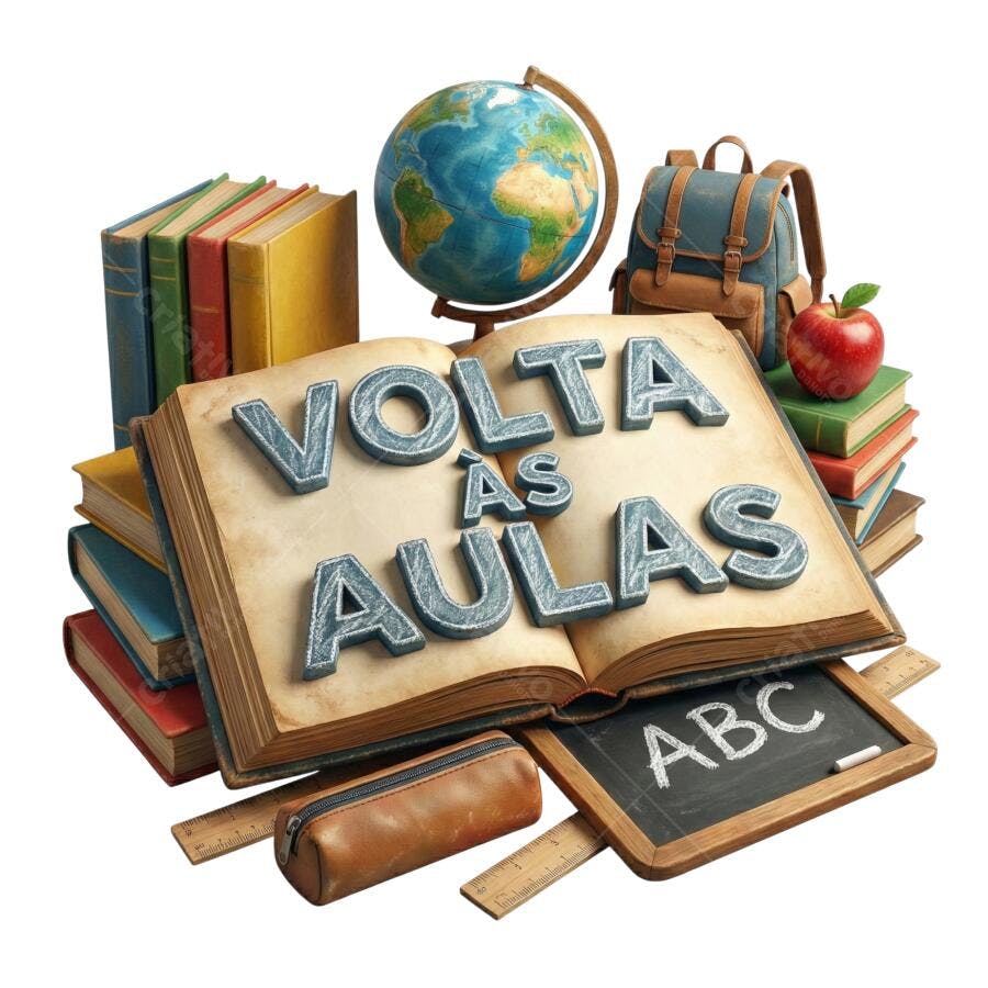 Composição Volta às Aulas com livros globo e mochila PNG com fundo transparente