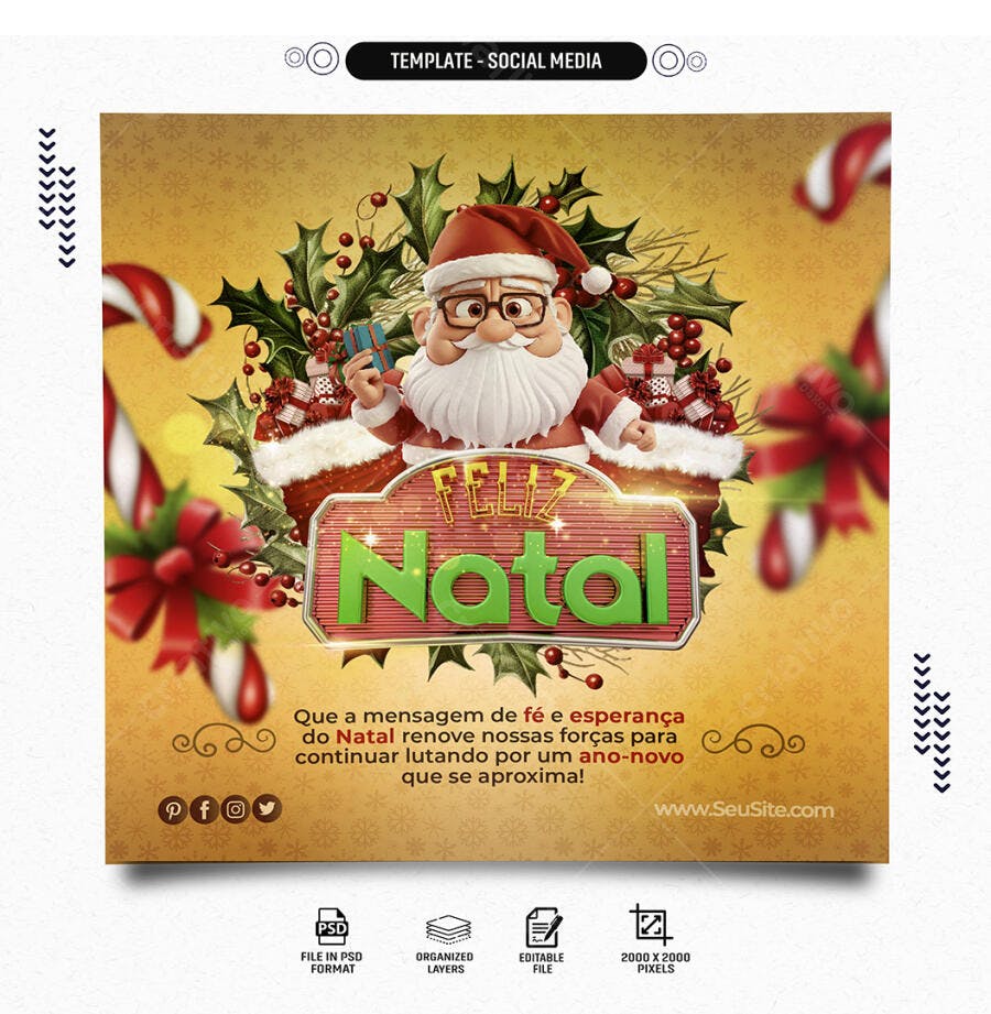 Post Social Media Natal Papai Noel Óculos Mensagem PSD Editável