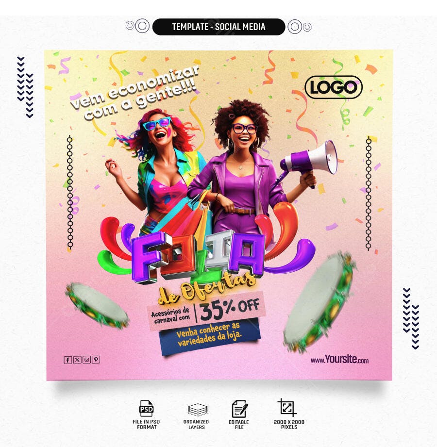 Post Social Media Feira de Ofertas e Acessórios de Carnaval PSD Editável