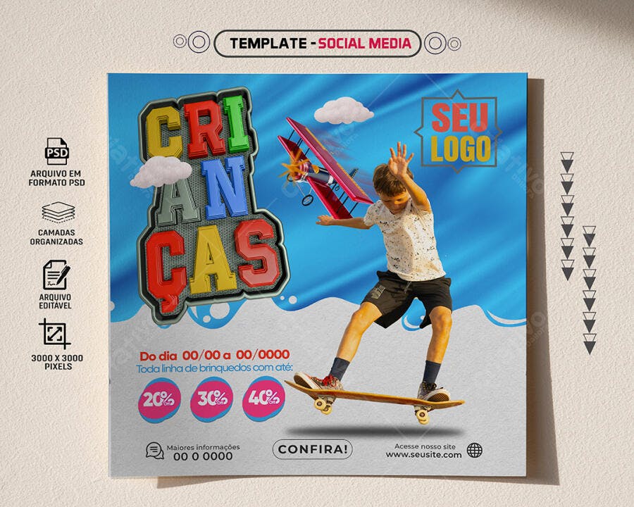 Post Redes Sociais CRIANÇAS Colorido Skate e Avião PSD Editável