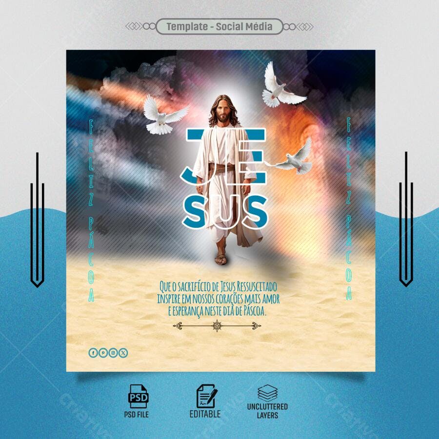 Flyer Páscoa Jesus Doves Céu Areia PSD Editável