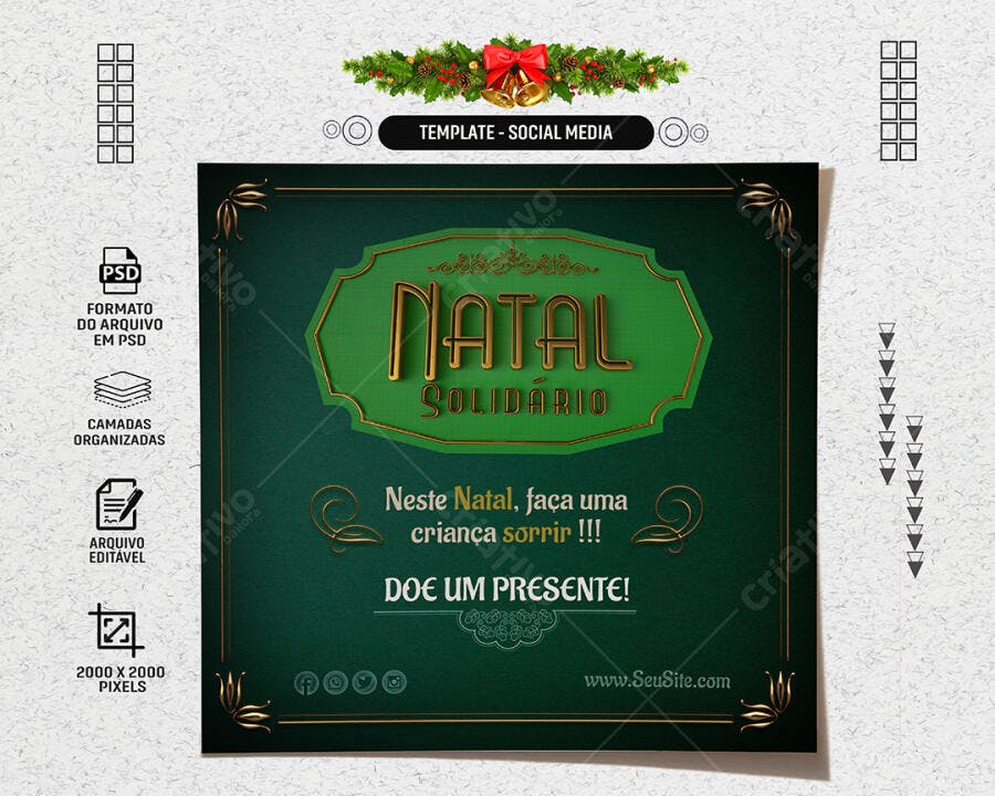 Flyer Natal Solidário Doe um Presente Verde Dourado PSD Editável