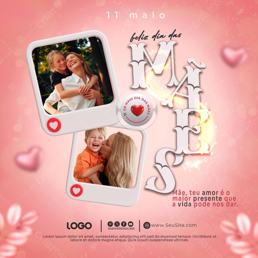 Flyer Dia das Mães para Mídia Social com Fotos Mãe e Filhos PSD Editável