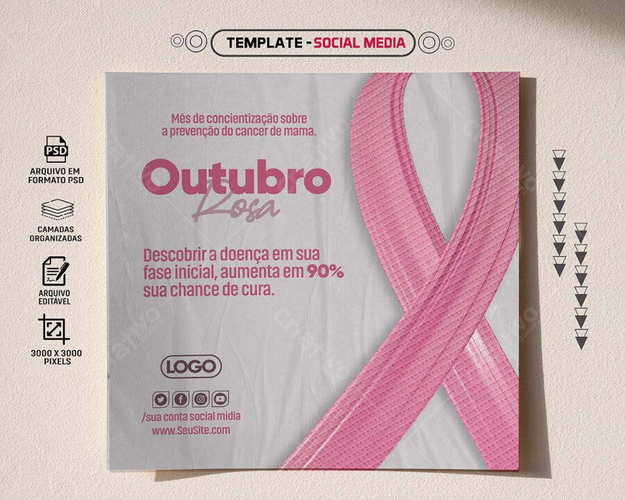Post para Redes Sociais Outubro Rosa Conscientização Câncer de Mama PSD Editável