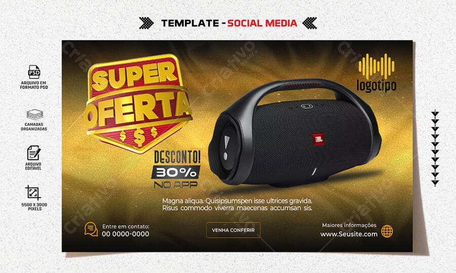 Post Social Media Super Oferta Caixa de Som JBL Xtreme 3 30% Desconto PSD Editável