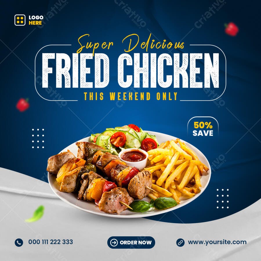 Flyer de Oferta para Frango Frito e Espetinhos PSD Editável