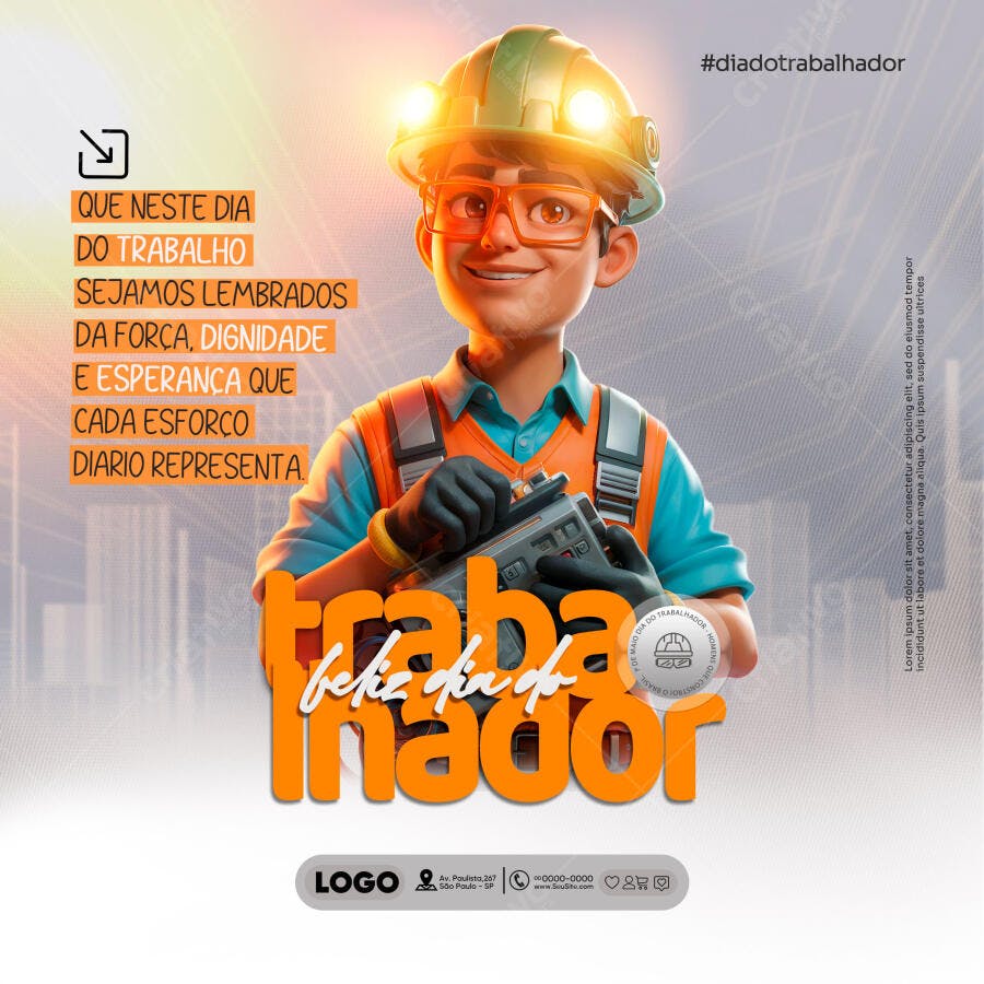Card Feliz Dia do Trabalhador Engenheiro 3D PSD Editável