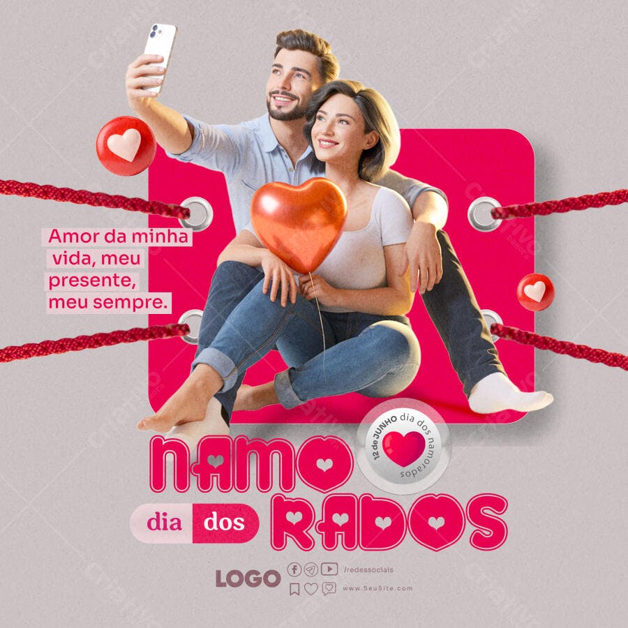Flyer Dia dos Namorados Casal Selfie Balão Coração PSD Editável