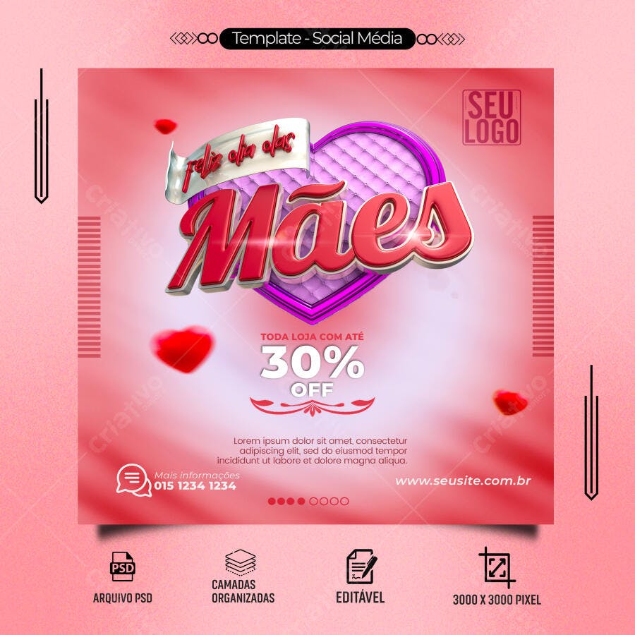 Flyer para Dia das Mães Coração Rosa com 30% Off PSD Editável
