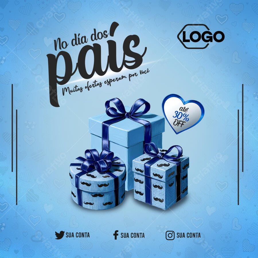 Flyer Dia dos Pais Caixas Presente Bigode Azul PSD Editável