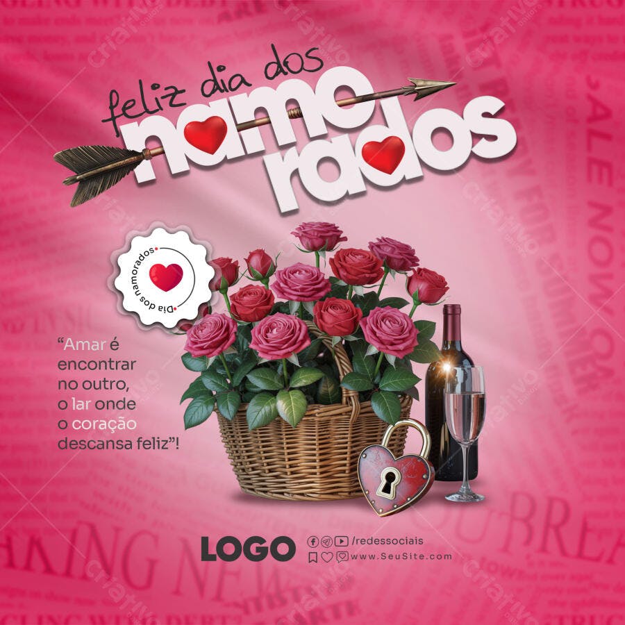Flyer Romântico Dia dos Namorados Rosas Vinho Cadeado PSD Editável