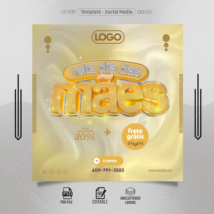 Flyer de Promoção Dia das Mães Dourado PSD Editável