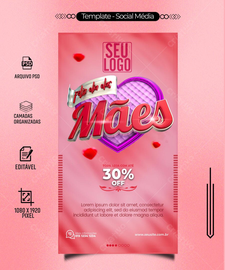 Flyer Promoção Dia das Mães com 30% OFF PSD Editável