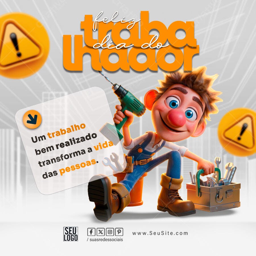 Post Redes Sociais Feliz Dia do Trabalhador Personagem 3D Ferramentas PSD Editável