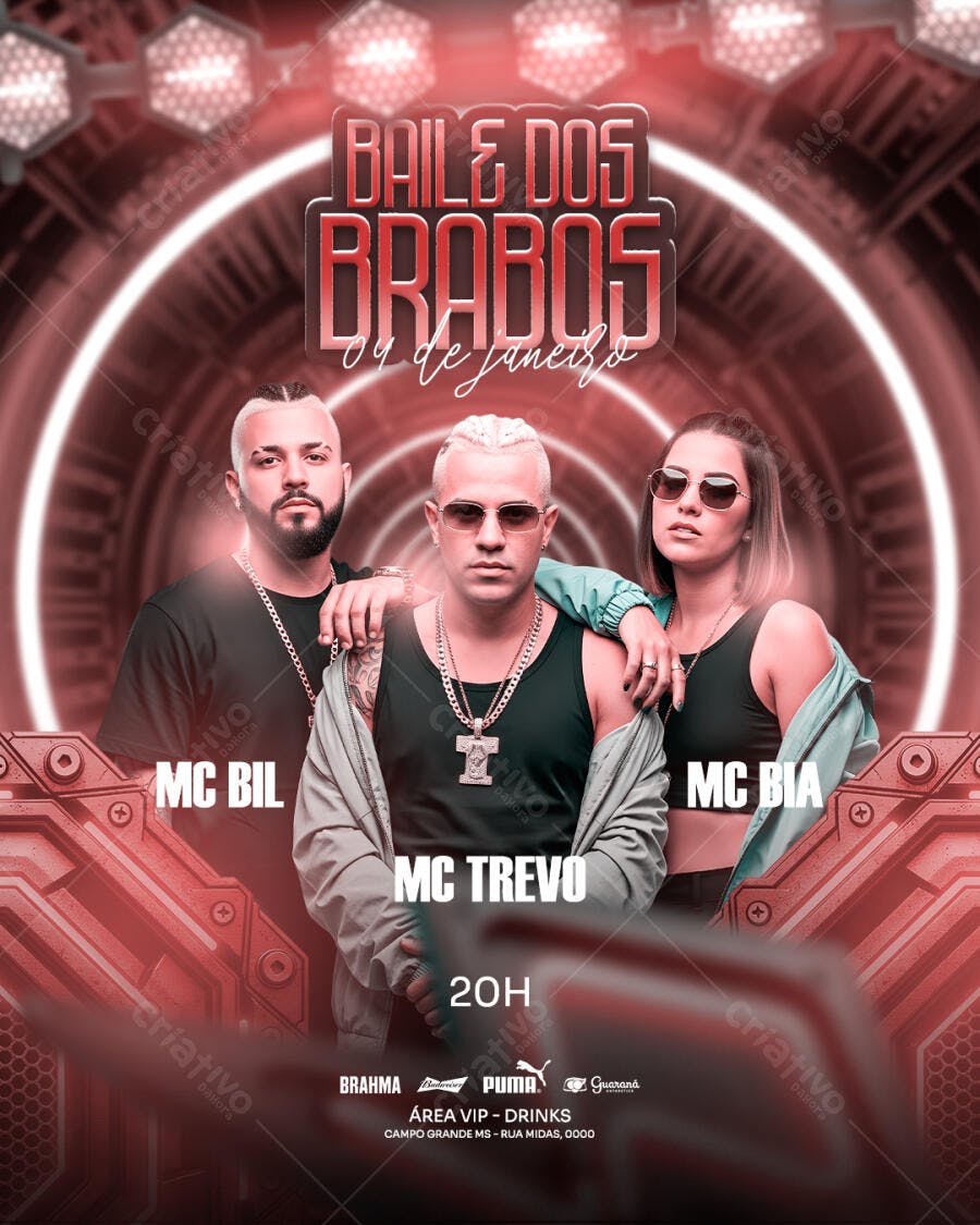 Flyer Baile dos Brabos MCs Funk Urbano Vermelho PSD Editável