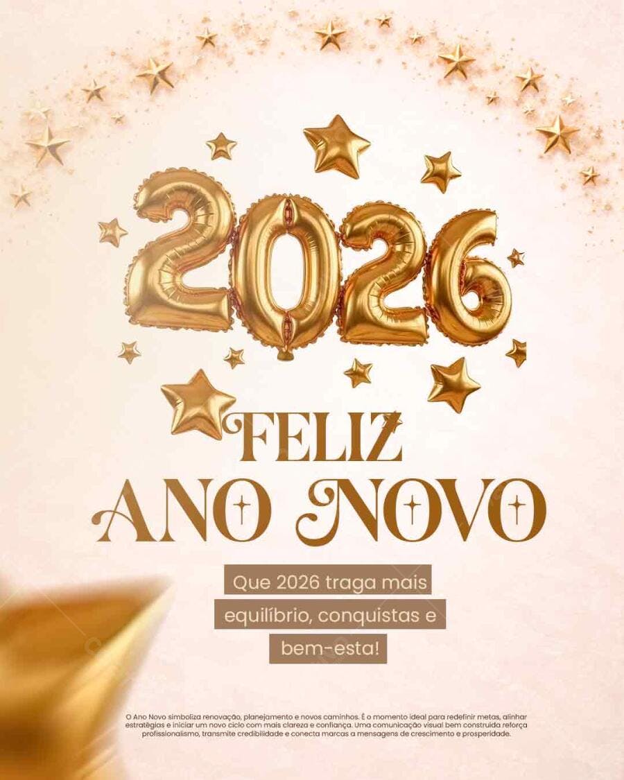 Flyer Feliz Ano Novo 2026 Balões Dourados Estrelas PSD Editável