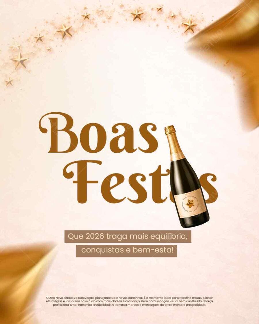 Flyer Dourado Boas Festas e Ano Novo com Champanhe PSD Editável