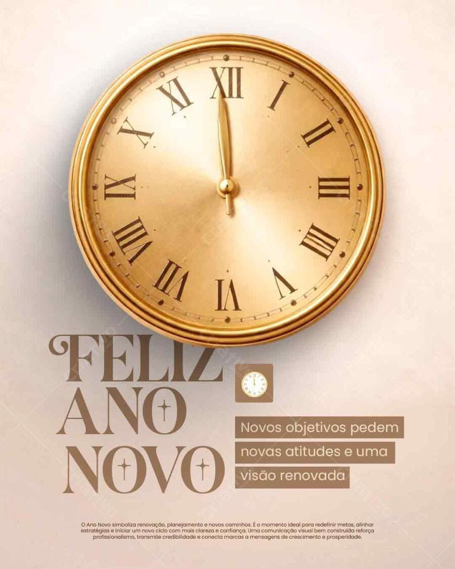 Flyer Celebração Ano Novo Relógio Dourado Metas PSD Editável