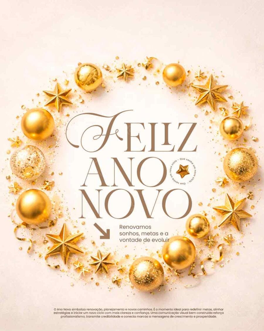 Post para Ano Novo Dourado com Estrelas e Glitter PSD Editável