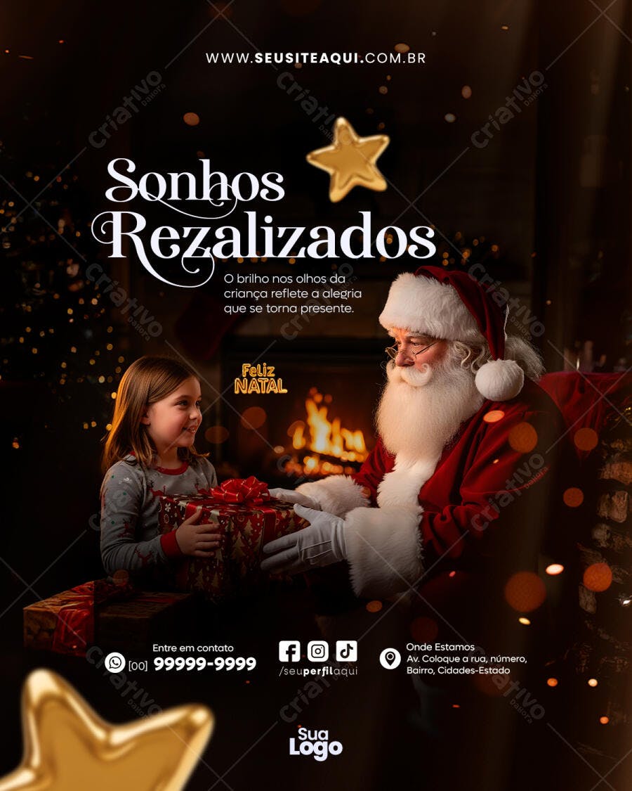 Post para Redes Sociais Natalino Sonhos Realizados com Papai Noel e Criança PSD Editável