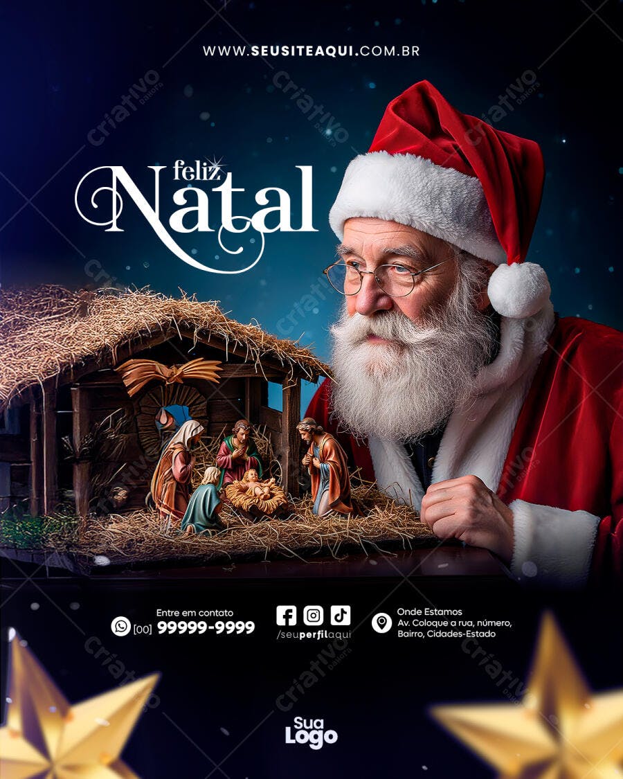 Flyer Feliz Natal Papai Noel e Presépio para Mídias Sociais PSD Editável