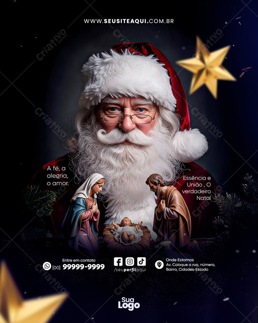 Flyer Natal Papai Noel Presépio Estrela Dourada PSD Editável