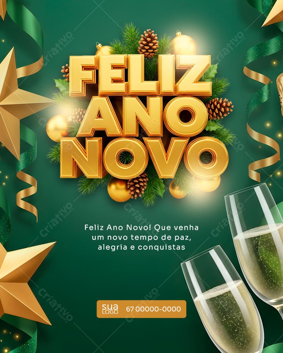 Arte Digital Feliz Ano Novo Verde Ouro com Champanhe PSD Editável
