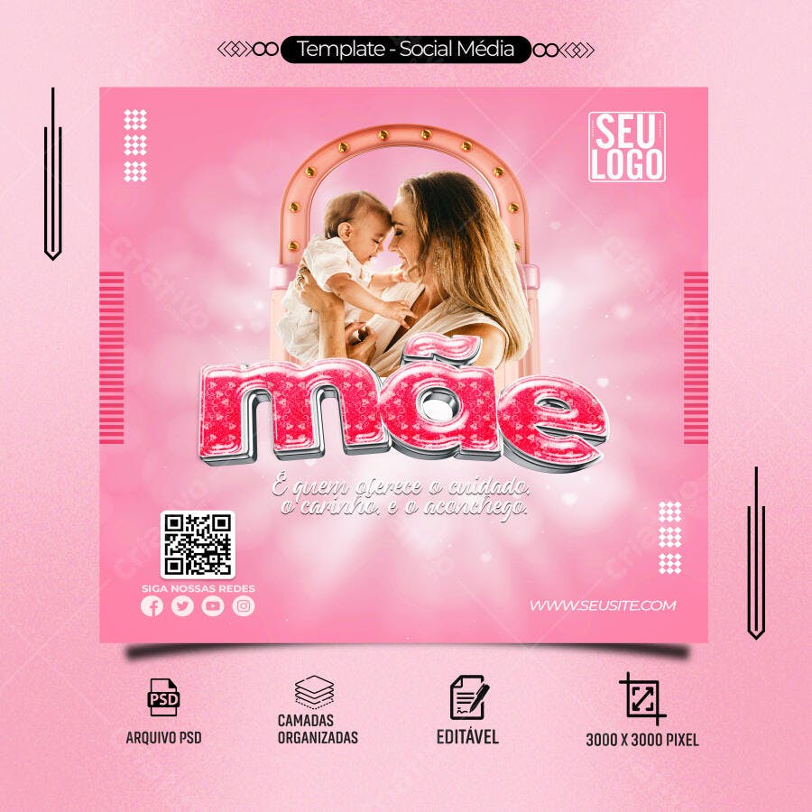 Flyer Social para Dia das Mães Rosa com Mãe e Bebê PSD Editável