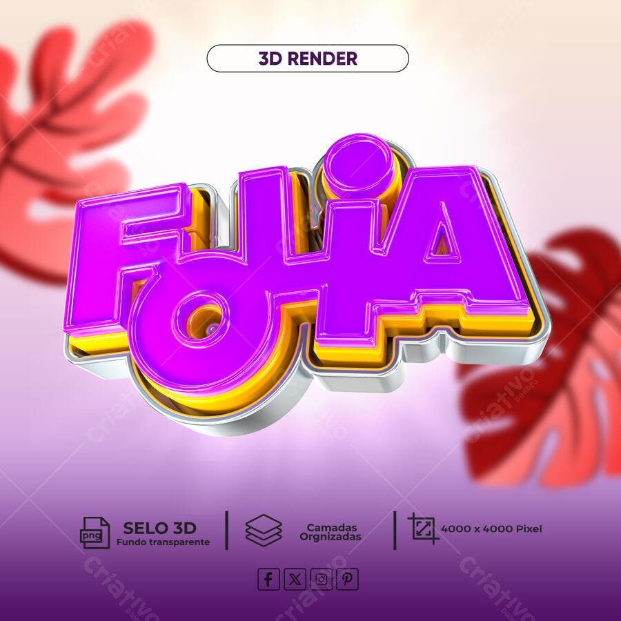 Selo 3D Folia Roxo e Amarelo para Eventos Festivos PSD Editável