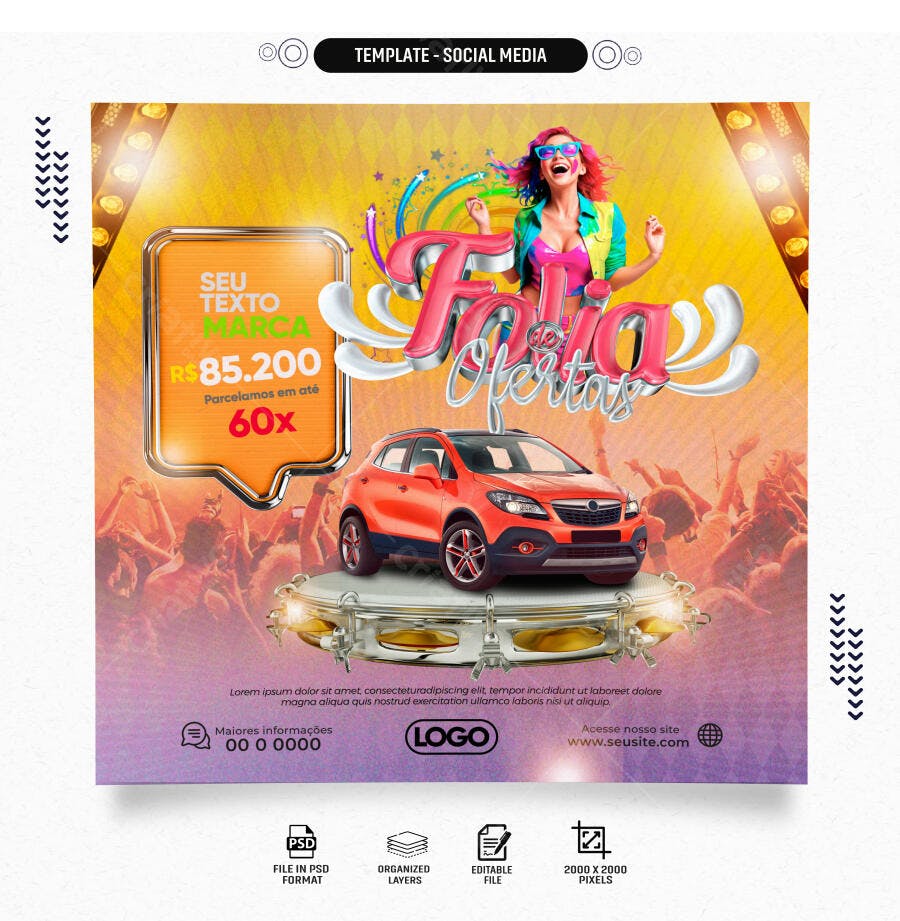 Flyer Folia de Ofertas Carro SUV Laranja e Mulher Festiva PSD Editável