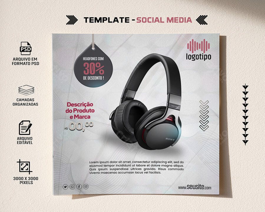 Post de Mídia Social para Promoção de Headfones Sony PSD Editável